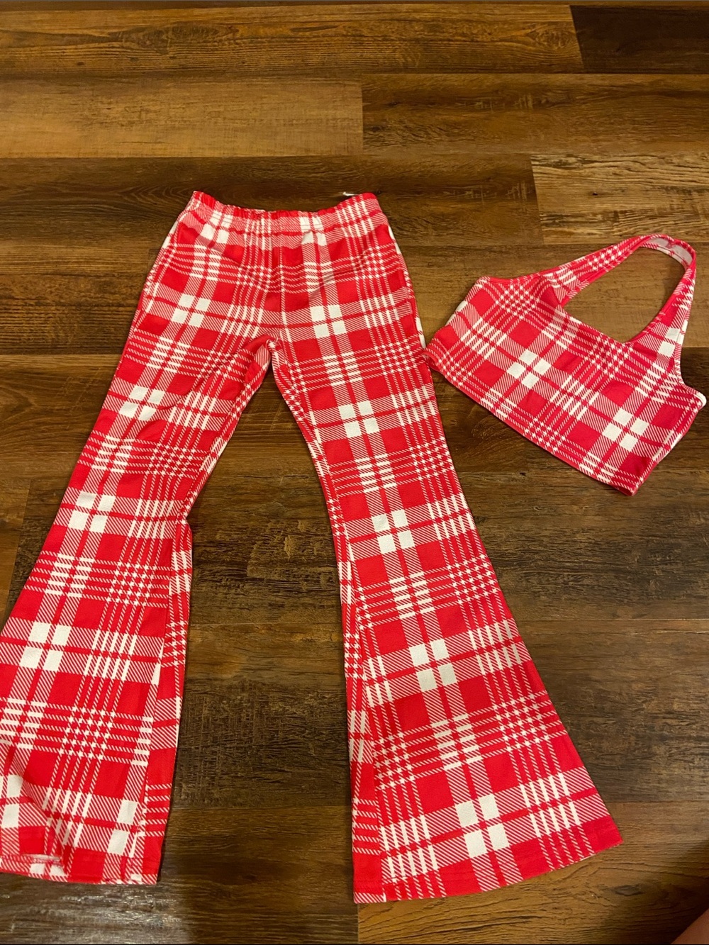 Red & White Plaid Two-Piece Set - Flared Pants + Crop Top